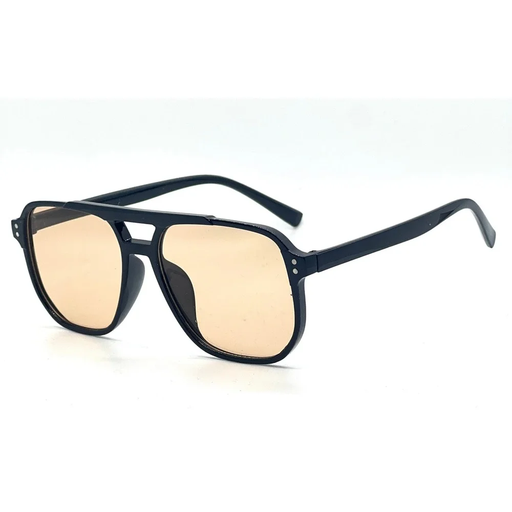 Oversized Square Aviator Sunglasses Black Frame Amber Tint Lens Flat Top‎ Retro